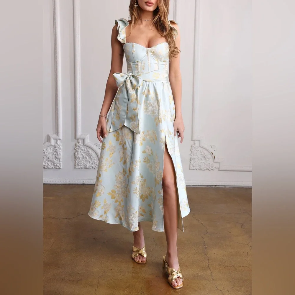 V. Chapman Sky Blue and Gold Floral Midi Dress - Picture 1 of 15